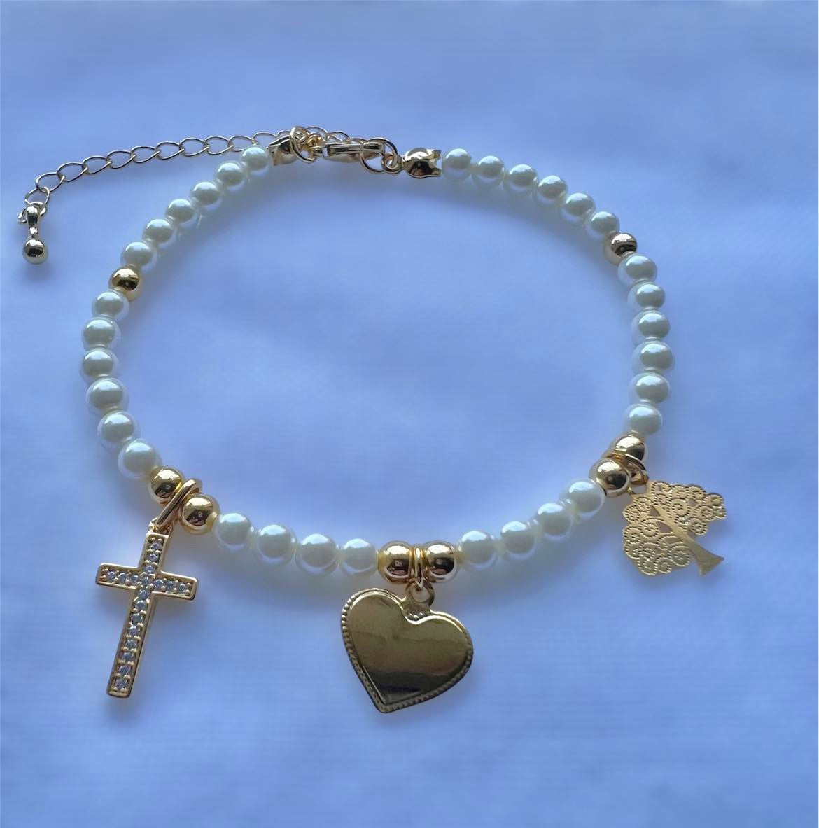 Pearl Cross Bracelet with a Heart and Tree of Life - Gold Filled Charms