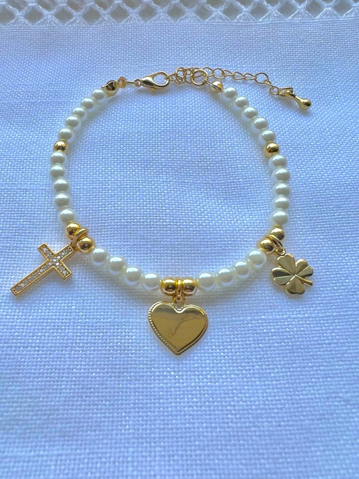 Pearl Cross Bracelet with a Heart and Trebol Charm - Gold Filled Charms