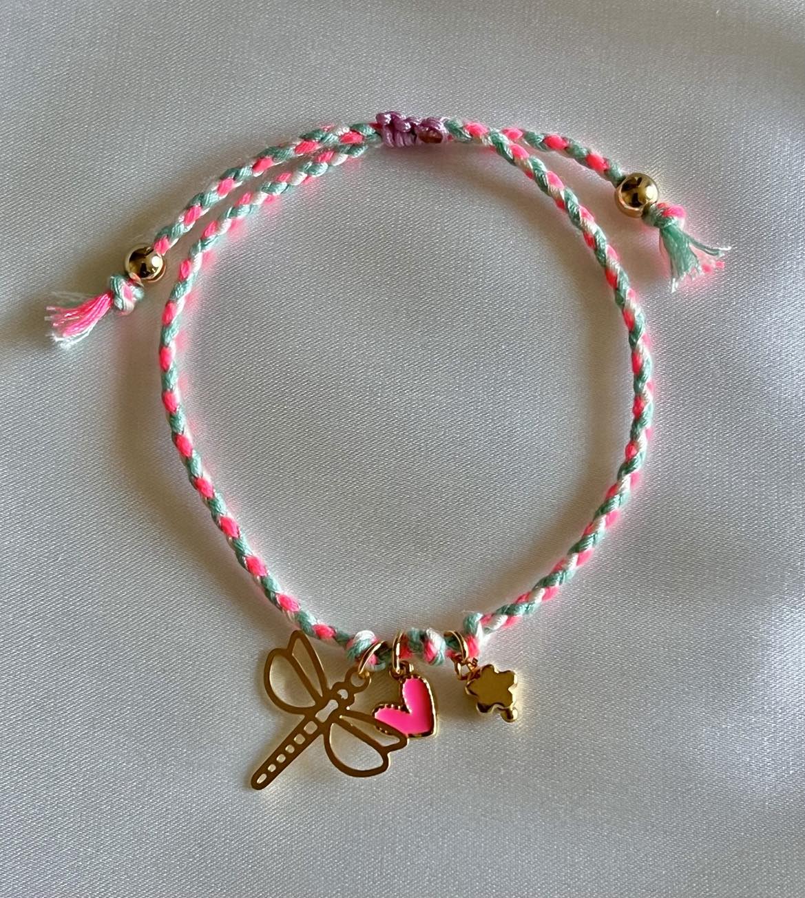 Pink String Gold-filled Charms Bracelet - Pink Heart