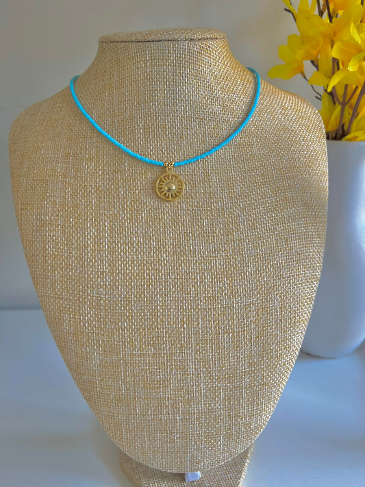 Beaded Sun Charm Necklace - Blue